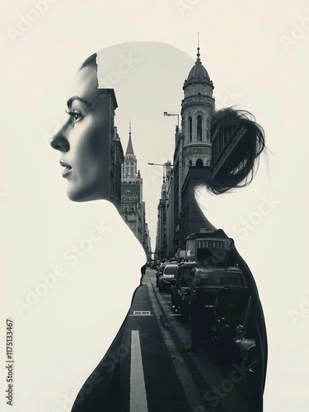 Fototapeta A double exposure of an adult woman head and the silhouette of buildings