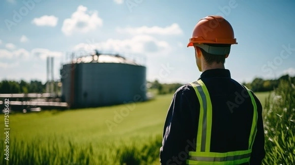 Fototapeta Worker in Safety Helmet Inspecting Biogas Production Facility