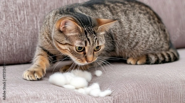 Fototapeta Curious tabby cat playing with fuzzy cotton on sofa