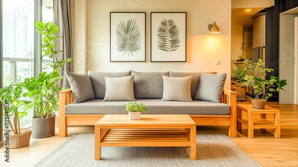 Fototapeta A cozy modern living room with large glass windows