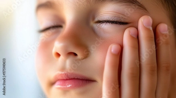 Fototapeta A child gently holding their swollen lower eyelid with visible barley inflammation, set against a soft background