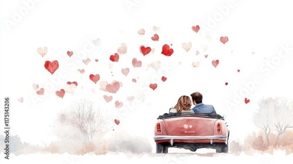 Obraz happy couple sitting in cabriolet car watercolor Valentine's Day, ai generated