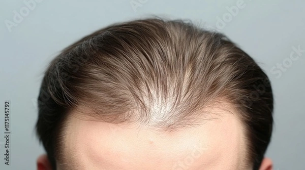 Fototapeta A close-up view of a person's head with dark hair and a receding hairline, set against a gray background.