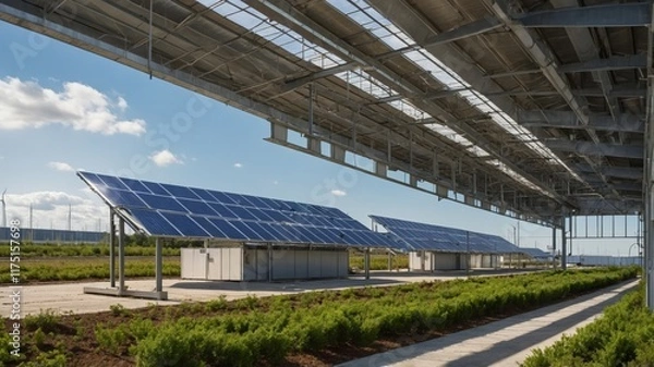 Obraz Solar Panels under a Modern Canopy: Serene Industrial Landscape