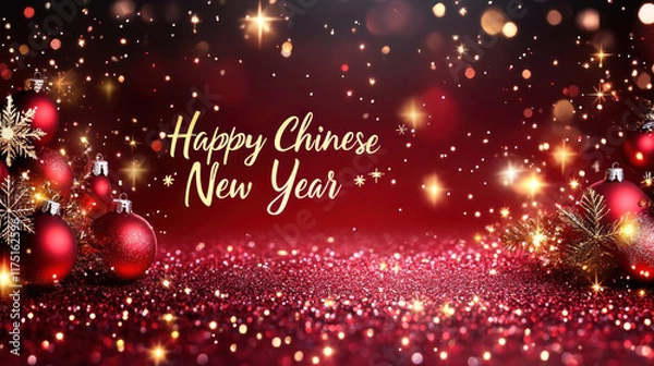 Fototapeta Red festive background with "Happy Chinese New Year" text, glittering ornaments, and bokeh lights.