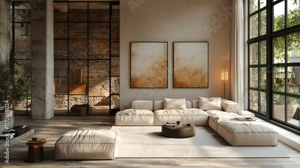 Fototapeta Modern living room with comfortable sofa and large windows showcasing industrial design