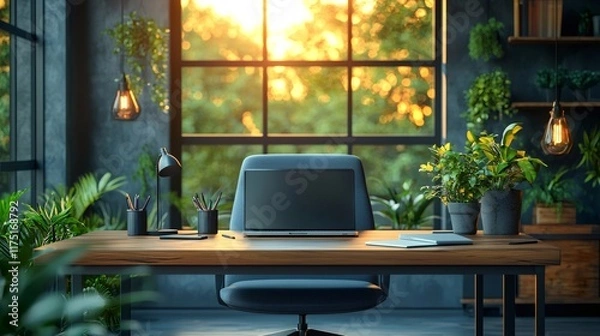 Fototapeta Modern home office with plants and sunset view promoting wellbeing