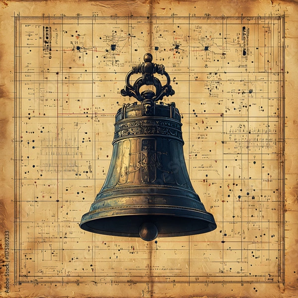 Fototapeta Liberty bell hanging on blueprint background symbolizing freedom and history