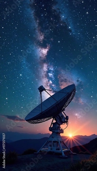 Fototapeta Milky Way shining above a dish antenna in the darkness, space, constellation