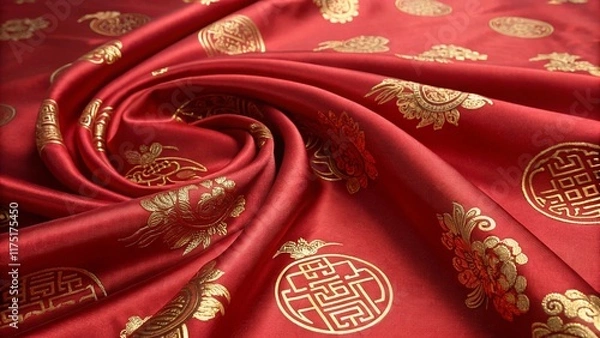 Obraz A textured background featuring red silk and golden Chinese