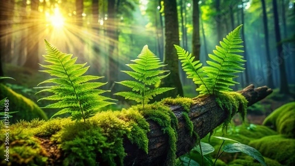 Fototapeta Serene Forest: Sunlight Dappled Ferns on Mossy Log - Double Exposure Stock Photo