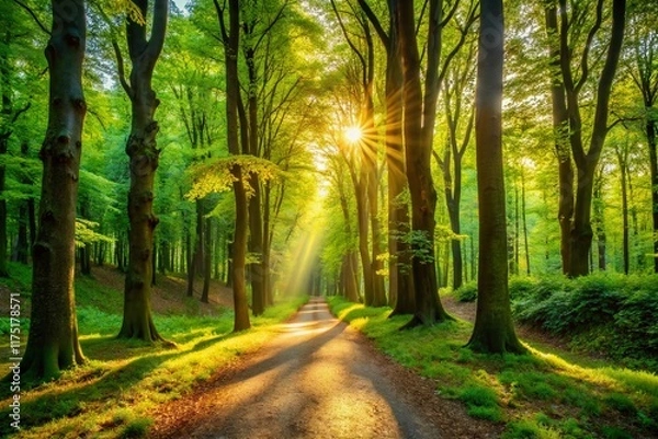 Fototapeta Serene Forest Walk: Sunlight Dappled Path Through Lush Woods