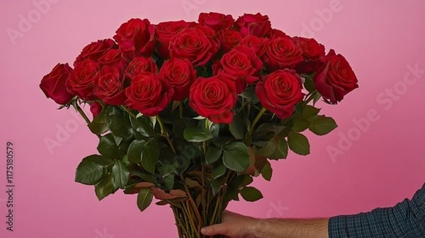 Fototapeta A romantic surprise in progress male hands holding a huge bouquet of one hundred vibrant red roses on a bold pink background.