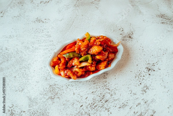 Obraz Sweet and Sour Chicken with Bell Peppers on a White Plate