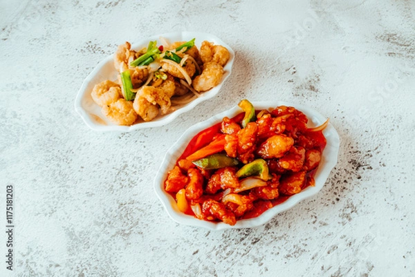 Obraz Sweet and Sour Chicken and Garlic Shrimp Stir Fry Duo Plating