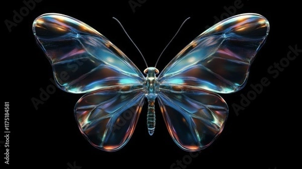 Fototapeta Glowing dreamy butterfly insect. Isolated 3D render moth on black backgound. Modern brutalism concept