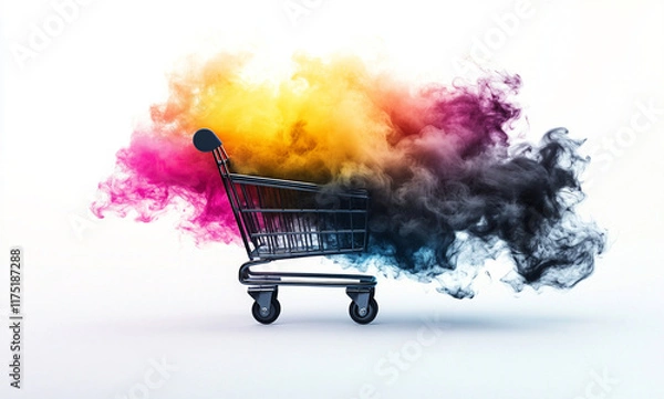 Fototapeta Colorful smoke emerges from shopping cart representing consumerism in a creative design