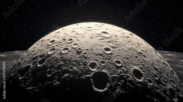 Fototapeta Close-up view of a cratered moon surface against a dark, starlit space background.