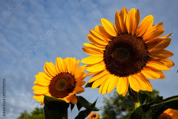 Obraz Sunflowers are vibrant, tall flowers known for their bright yellow petals and large brown centers. They symbolize loyalty and adoration, and their heads naturally follow the sun across the sky