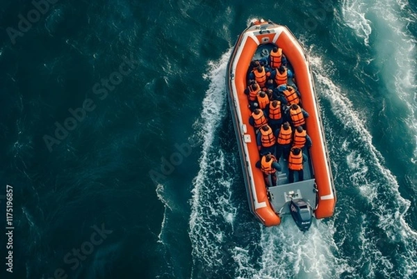 Fototapeta Group of refugees people in life jackets navigating a boat over calm ocean waters during daytime