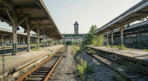 Fototapeta Abandoned train station with overgrown tracks and decaying platforms under clock tower