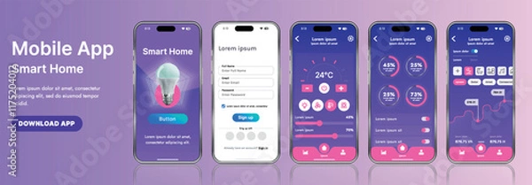 Fototapeta A sleek smart home application interface template featuring modern icons and a gradient design. Includes navigation menus for managing devices, monitoring security, controlling temperature