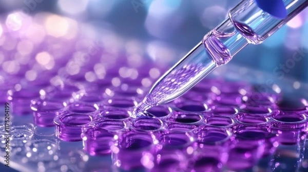Obraz Close-Up of Pipette Dropping Liquid into Sample Plate with Bokeh