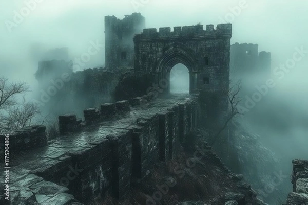 Fototapeta a mysterious fortified city cloaked in dense mist with towering walls and an imposing archway entrance hinting at secrets and adventures within its protected grounds