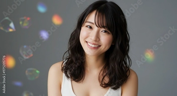Fototapeta 笑顔の美しい日本人女性ポートレート、泡の背景と白いタンクトップ