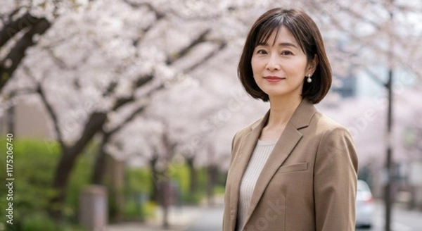 Obraz 桜並木を背景にした笑顔のミドル女性のポートレート