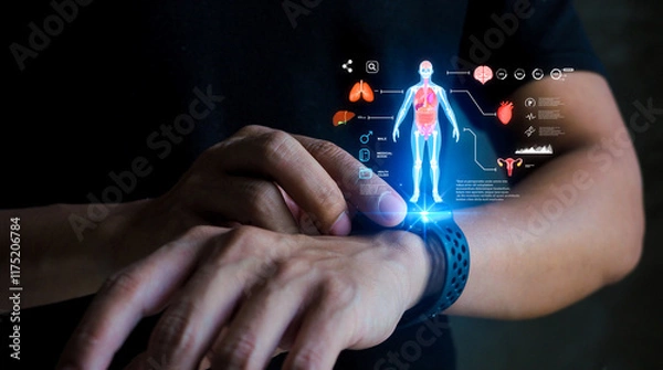 Fototapeta Futuristic health tech. A smartwatch projects a holographic health dashboard, providing real-time body analytics and vital signs monitoring anytime, anywhere.