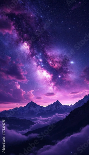 Obraz Purple gradient mystical moonlight mountain sky with clouds and stars phone wallpaper background 4k