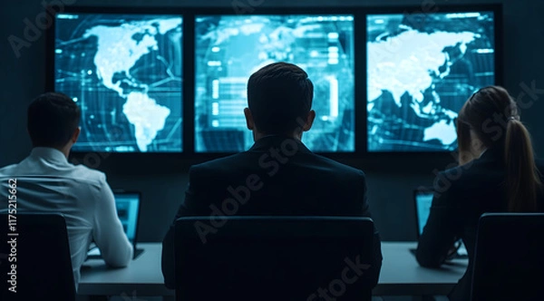 Fototapeta A group of professionals monitors multiple screens displaying data and maps, highlighting a high-tech environment focused on analysis and decision-making.