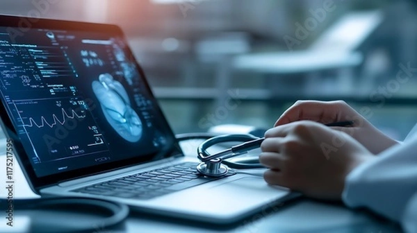 Fototapeta An abstract representation of health technology with digital health records and telemedicine 