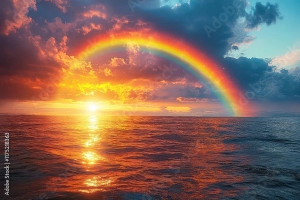 Fototapeta a shimmering pot of gold glows at the end of a vibrant rainbow set against a serene sky with playful clouds enhancing the magical and hopeful atmosphere of the scene