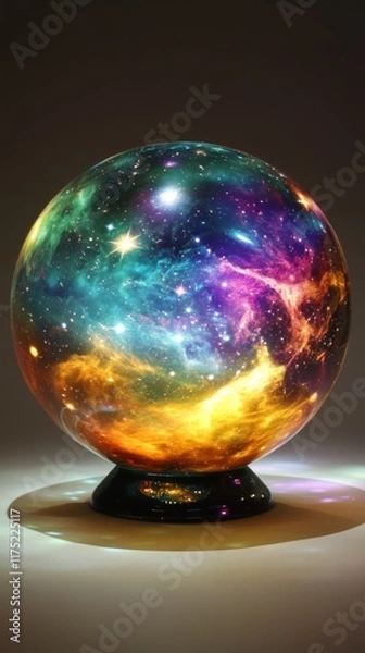 Fototapeta Enchanting Cosmic Glass Sphere with Galaxy Patterns and Rainbow Holographic Light Glow