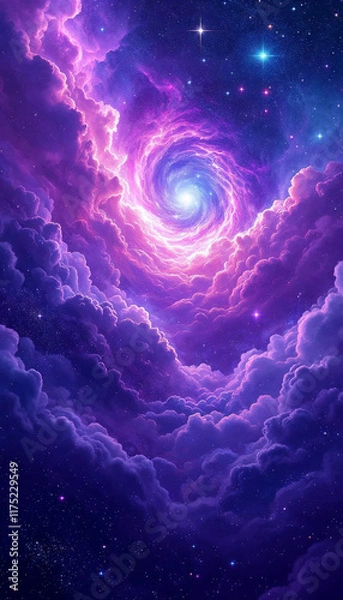 Fototapeta Purple light-colored gradient mystical sky with clouds and stars phone background wallpaper 4k