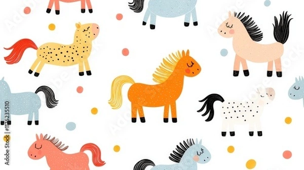 Fototapeta Colorful Cartoon Horses and Foals in Playful Pattern with Polka Dots on White Background
