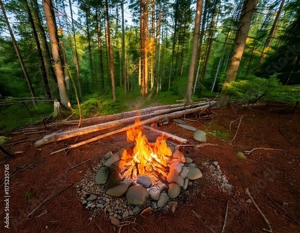 Obraz A cozy campfire in the woods, surrounded by logs and small stones