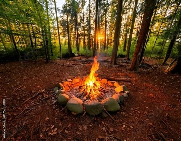 Obraz A cozy campfire in the woods, surrounded by logs and small stones