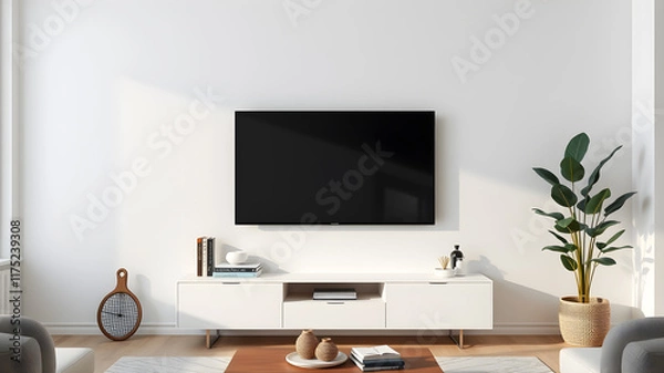 Fototapeta Mockup minimalist a cabinet television wall mounted with decoration in living room and white wall. Generative AI