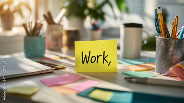 Fototapeta 昼間の明るい光に照らされた「Work」を含む散らばったメモとデスク