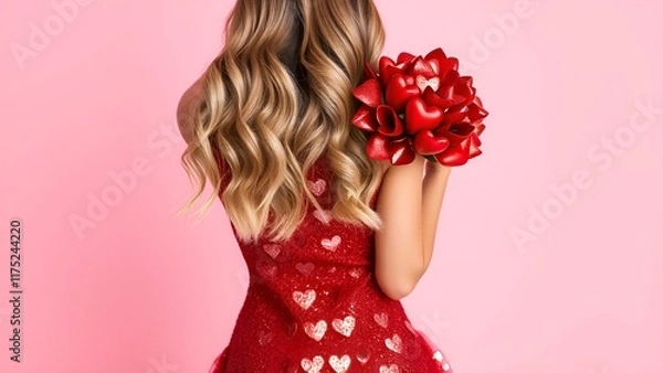 Fototapeta Back view of a woman in a red heart-embellished dress holding a bouquet of red ribbons against a pink background. A stylish and romantic concept for love and celebration.