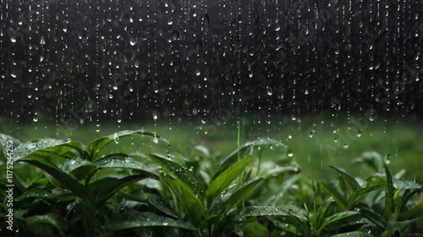 Fototapeta Rain Drops, Rain drops on Window with Cosmic Starry night Background, Rain Drop Falling onto Window with Green Nature Background