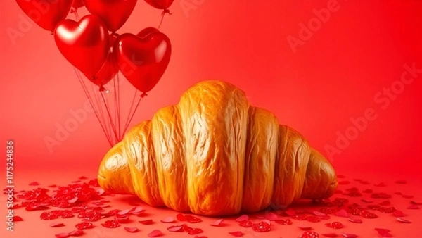 Fototapeta Golden croissant with red heart-shaped balloons and scattered rose petals on a vibrant red background. A romantic and artistic concept celebrating love and indulgence.