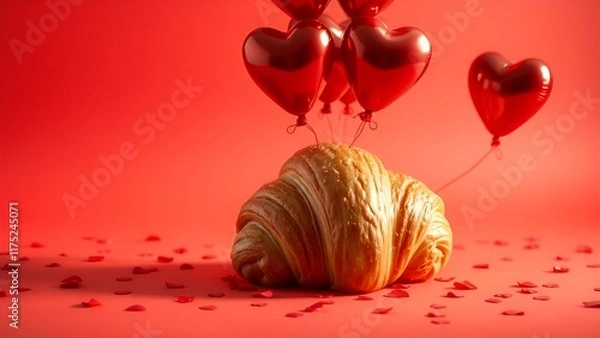 Fototapeta Golden croissant paired with floating red heart-shaped balloons on a warm red background, surrounded by scattered rose petals. A romantic and indulgent culinary concept.