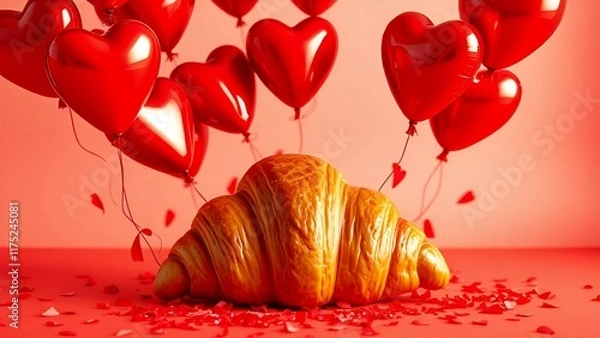 Fototapeta Golden croissant surrounded by red rose petals and floating red heart-shaped balloons on a vibrant pink background. Concept of love, romance, and indulgence in French-inspired aesthetics.