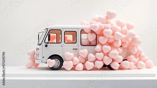 Fototapeta Retro white van covered with pink heart-shaped balloons on a minimalist platform. A creative and romantic expression of love, joy, and celebration.