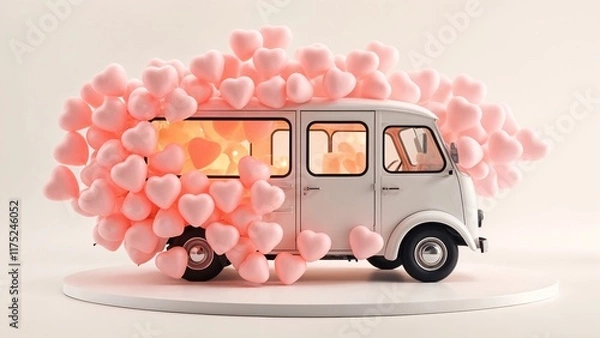 Fototapeta Retro white van surrounded by floating pink heart-shaped balloons on a minimalistic platform. Symbol of love, romance, and joyful celebration in a whimsical design.