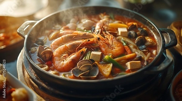 Fototapeta Steaming Seafood Stew in a Dark Pot